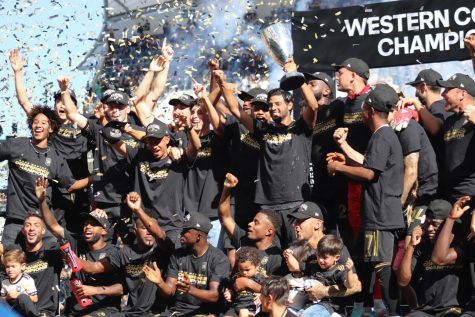 Los Angeles Football Club (LAFC) celebrates their victory of the Western Conference Final against Austin FC at  the Banc of California Stadium in Los Angeles. The match took place on Sunday, Oct.30, 2022