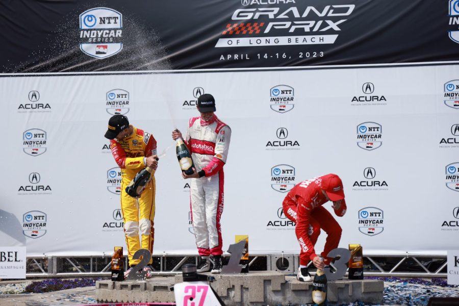 Kyle Kirkwood (#27) won the 48th Annual Acura Grand Prix of Long Beach from pole position. Romain Grosjean (#28) made it a one-two for the Andretti Autosport team and Marcus Ericsson (#8) arrived in third place on the podium in the NTT IndyCar series.
