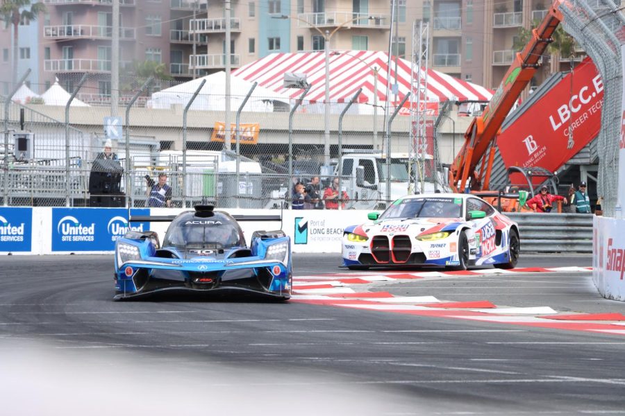 Ricky Taylor and Bryan Sellers battle it out in turns 9 and 10 during the Acura Grand Prix of Long Beach on April 14, 2023. 