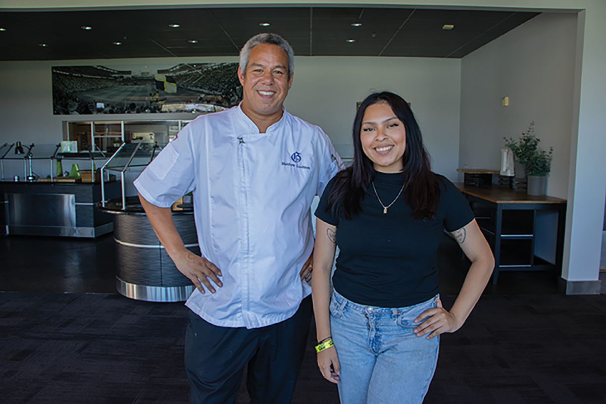 Chef Matthew Lindblom and reporter Yaileen Ramos at Dignity Health Sports Park, home of the LA Galaxy.