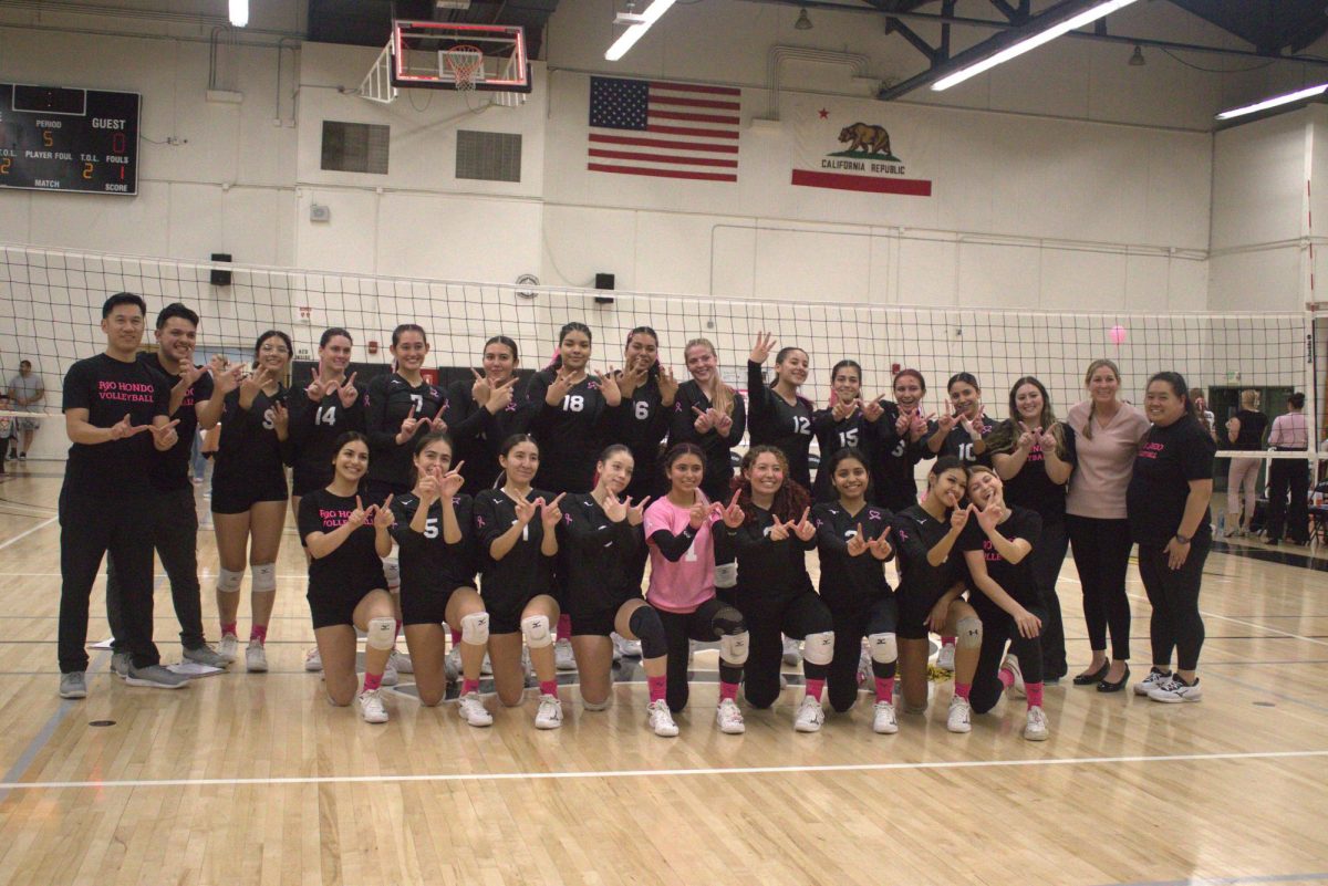 The womens volleyball team celebrating a tough win versus Mt. SAC at the Rio Hondo Gym on October 25.