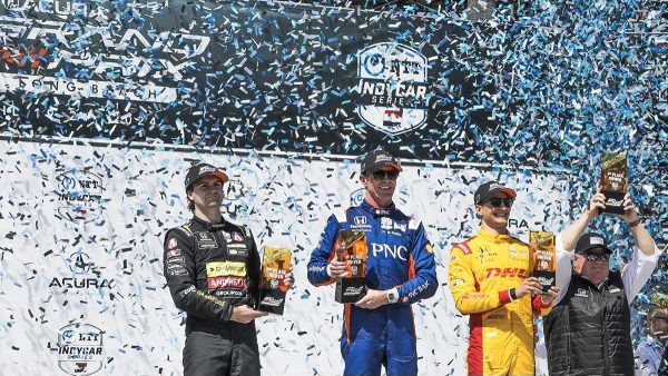 (left to right) Colton Herta, Scott Dixon, and Alex Paulo celebrating the winners circle at the Acura Grand Prix of Long Beach